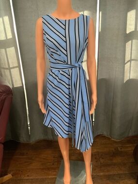Emma & Michele Light Blue Striped Asymmetrical Tie-Waist Dress